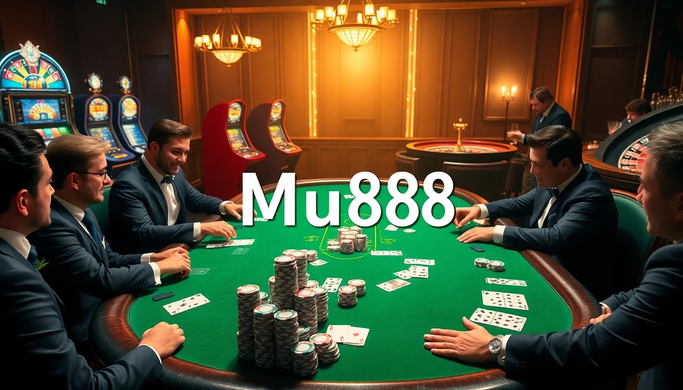 Mu88 casino scene featuring advanced blackjack game with enthusiastic players and vibrant poker chips.