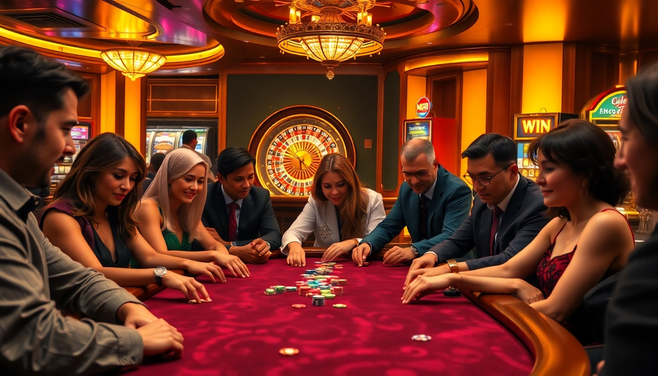 A diverse group of gamblers playing poker at a luxurious casino table, showcasing the excitement of nh88 with colorful chips and a roulette wheel.