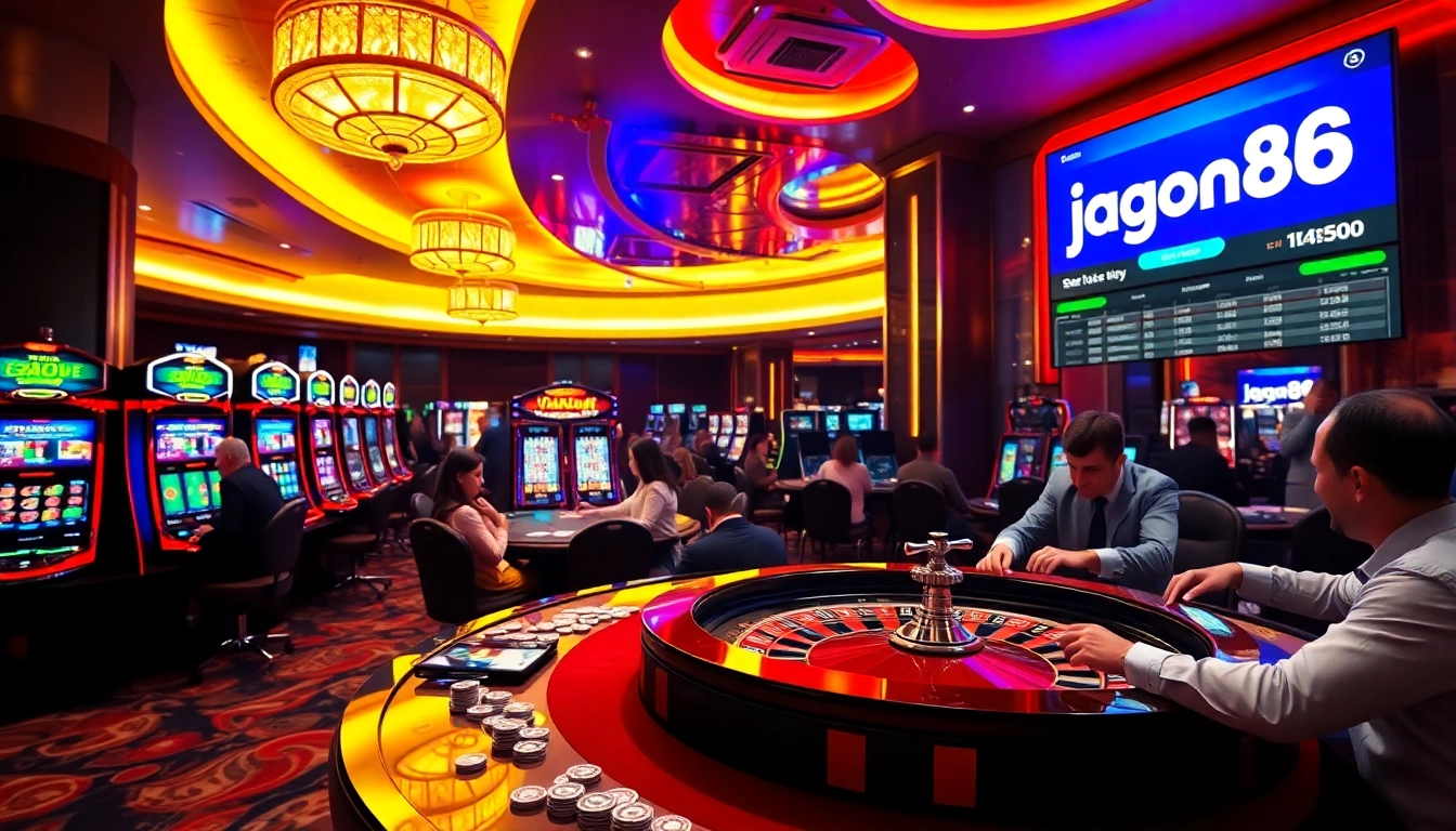 Action-packed scene of jagoan86 players at a casino table, celebrating wins with poker chips.