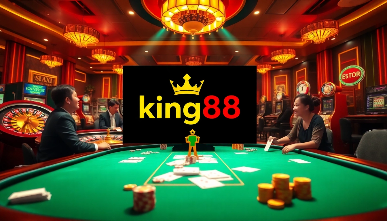 Experience the excitement of king88 with vibrant casino games, chips, and cards in a luxurious setting.