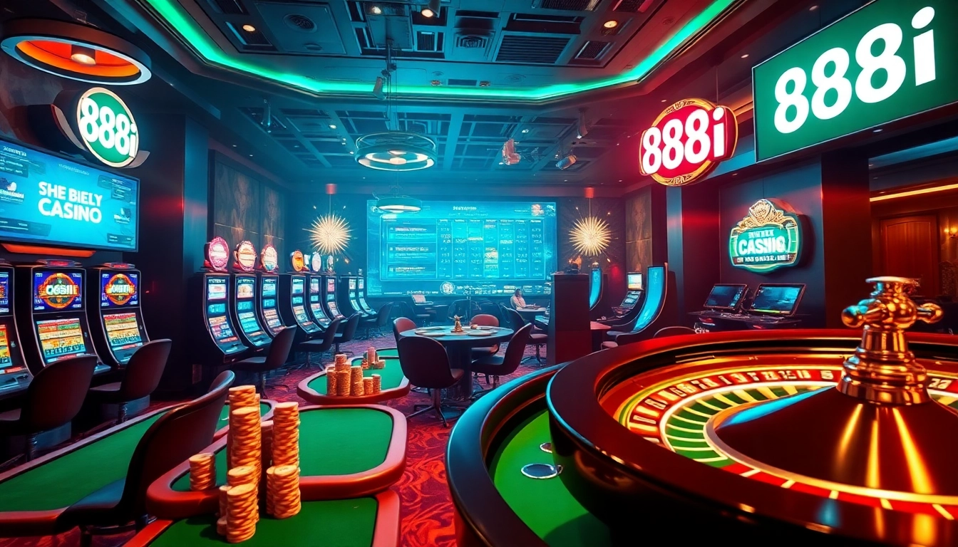 A thrilling online casino scene featuring engaging slot machines, poker chips, and the 88i logo.