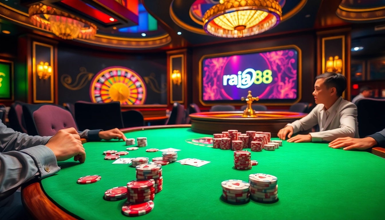Players highly engaged at a luxurious raja 88 poker table surrounded by vibrant casino elements.