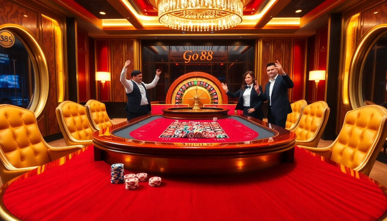 Winning players celebrate at GO88, a top online casino, surrounded by elegant poker tables and vibrant decorations.