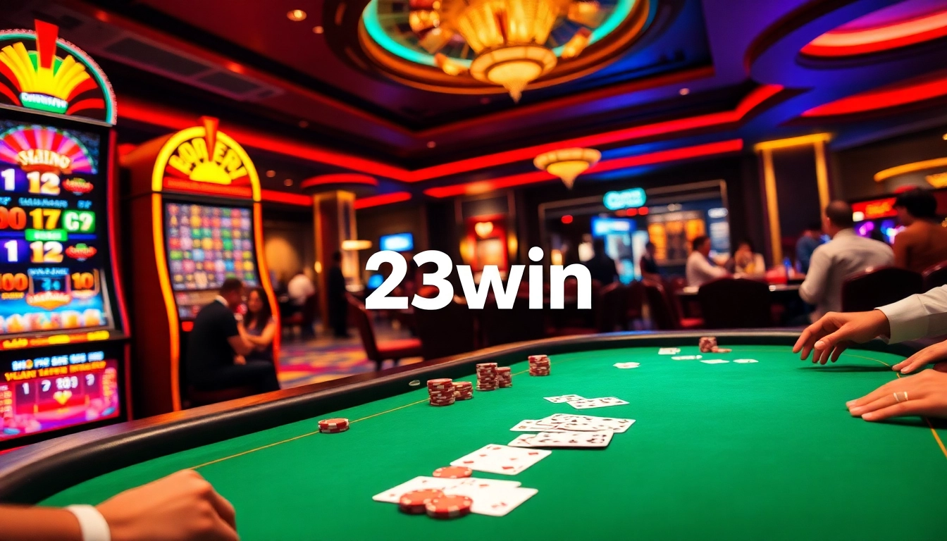 Experience the thrill of 23win with an exciting casino scene featuring poker and slot machines.