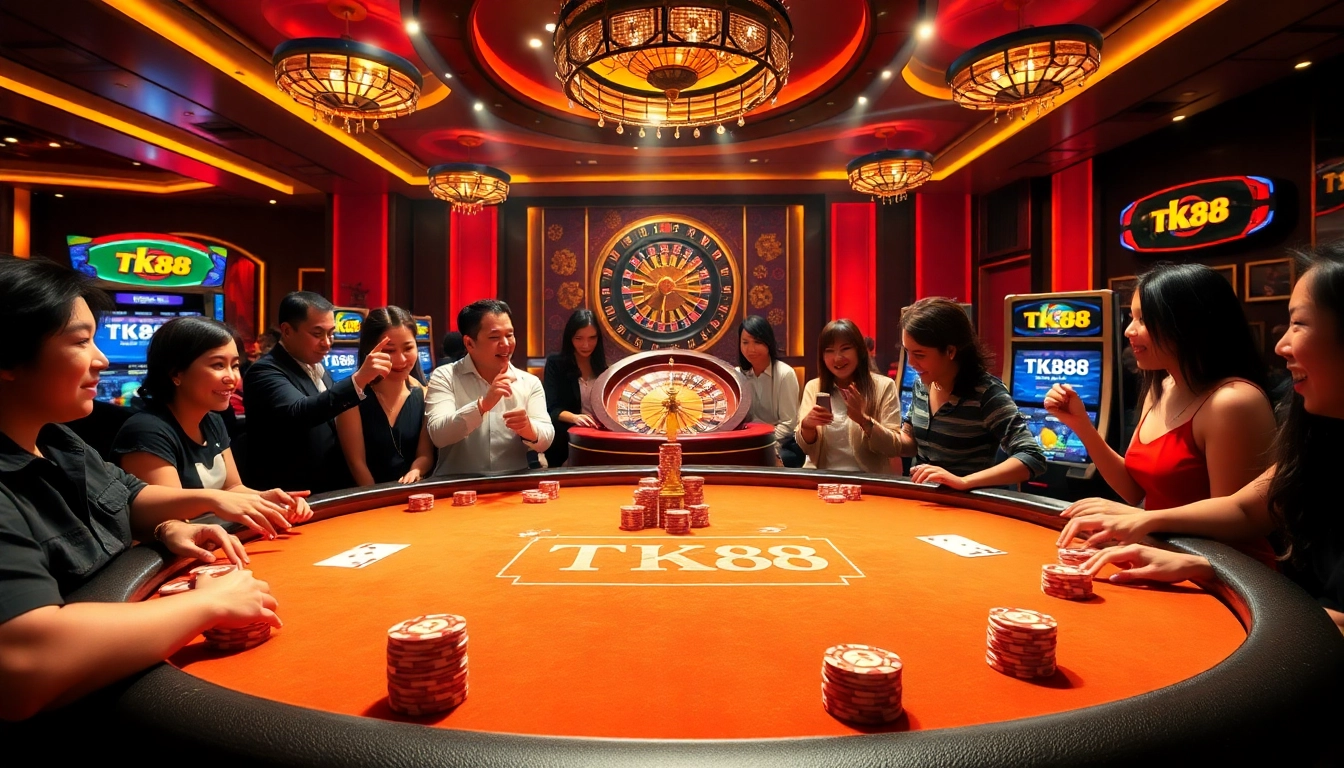 Players enjoying the excitement of a TK88-themed poker game at a luxurious casino.