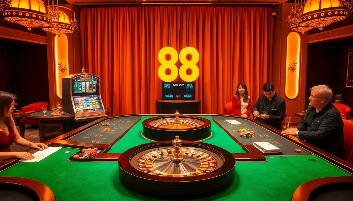 Engaging gambling scene showcasing the excitement of players with go 88 roulette wheel and vibrant chips.