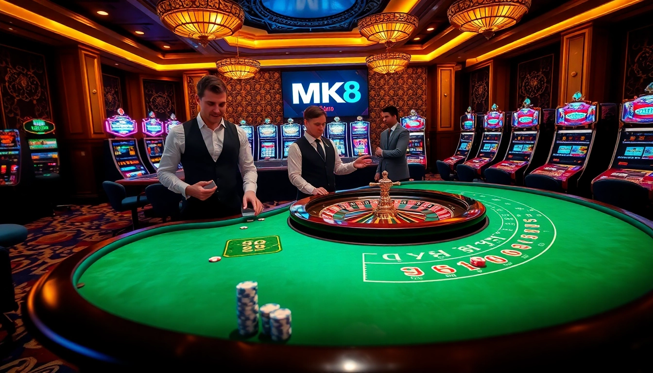 Experience the thrill of winning with MK8 at a luxurious casino setting with vibrant gaming elements.