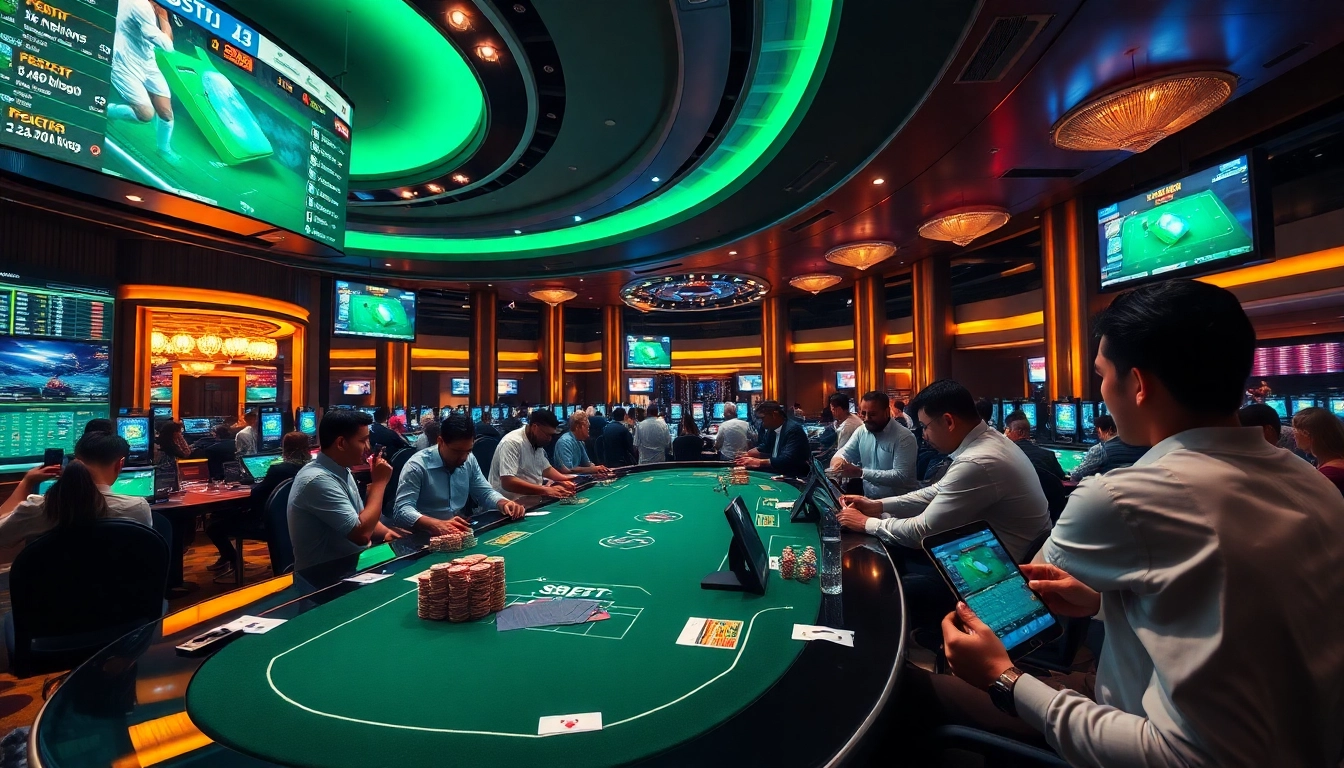 Betting excitement at a SBOBET sportsbook with vibrant odds display and eager players in action.