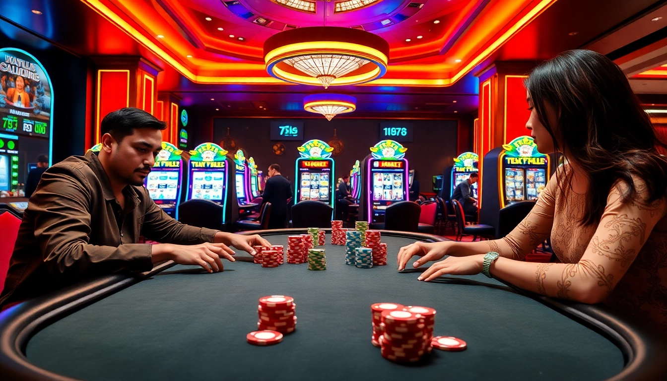 7xl סוכן engaging in a thrilling poker game at a luxury casino table, showcasing vibrant casino elements.