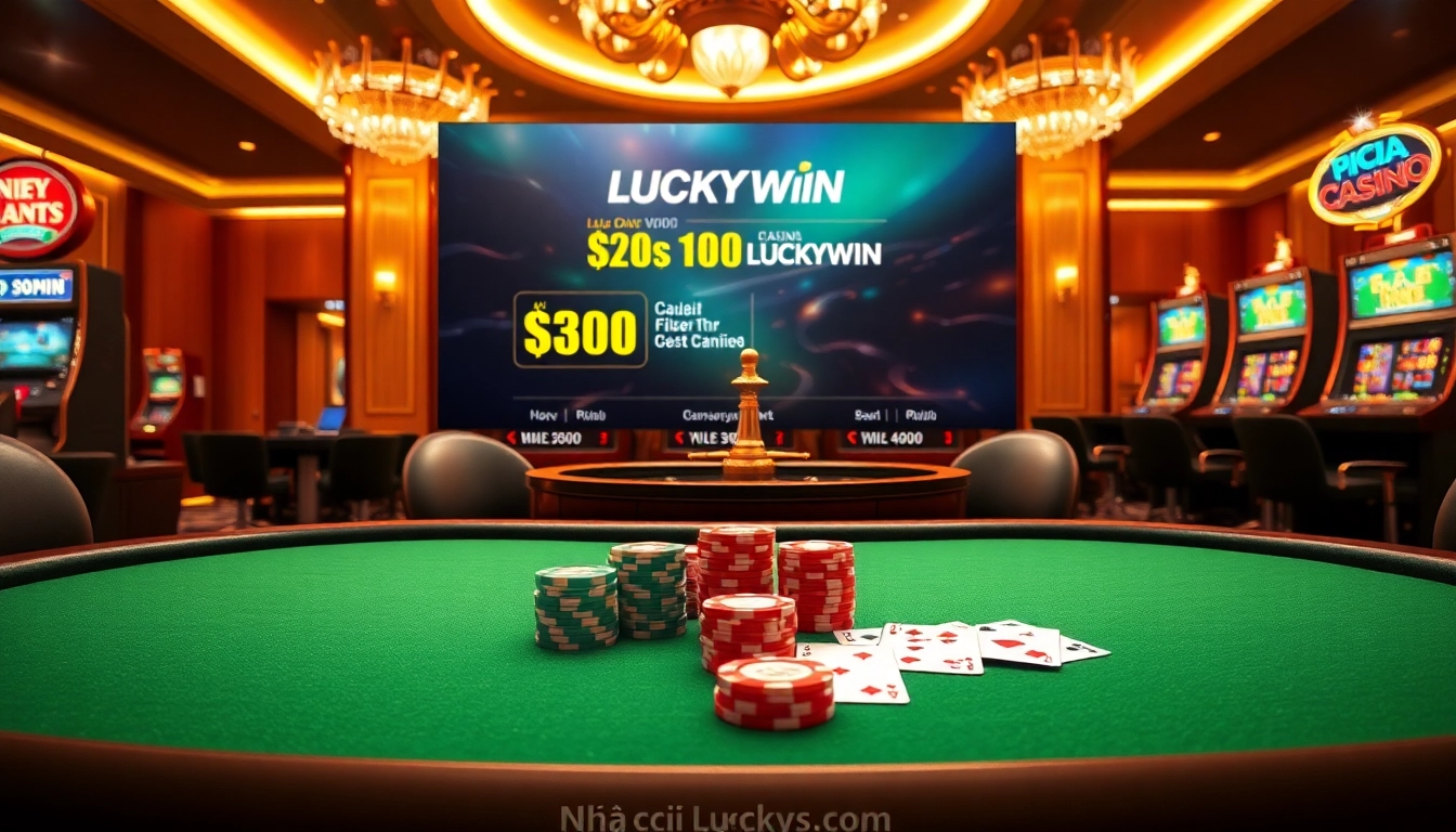 Experience immersive gaming at Nhà Cái Luckywin with vibrant poker chips and illuminated slot machines.