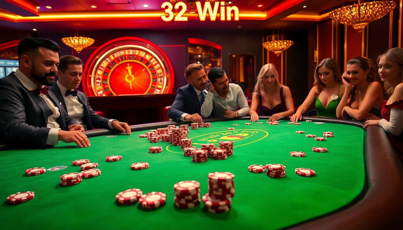 Players engaging at the poker table in a luxury casino setting with 32 Win branding visible.