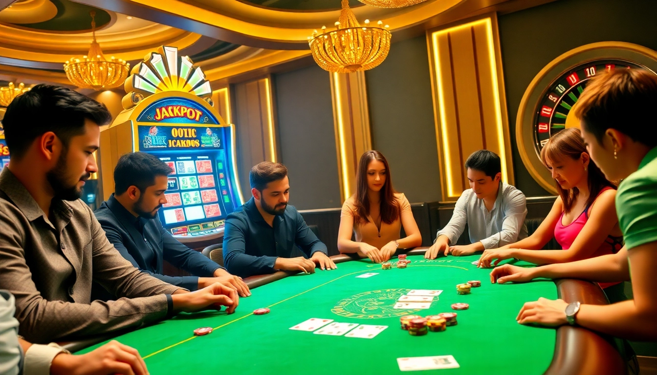 Experience high-stakes play at Febet's luxurious casino, featuring poker tables and vibrant slot machines.