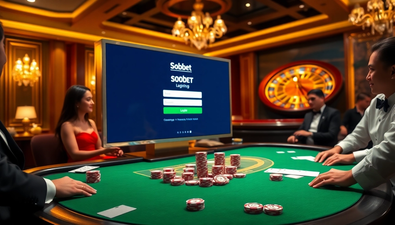 Experience sbobet login excitement with high-stakes poker at a luxurious casino table featuring colorful chips.