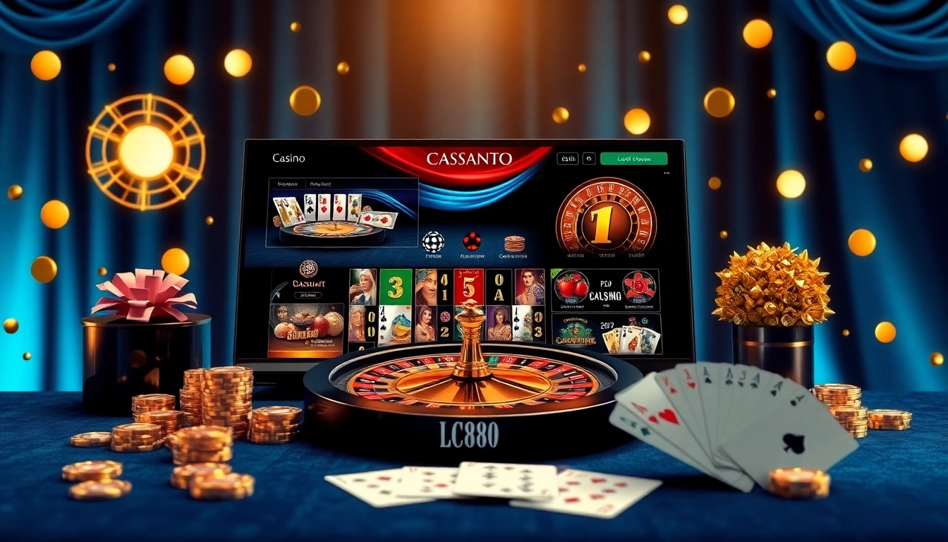 Experience the excitement of lc88 com with a vibrant online casino scene featuring poker chips, a roulette wheel, and luxurious game interfaces.