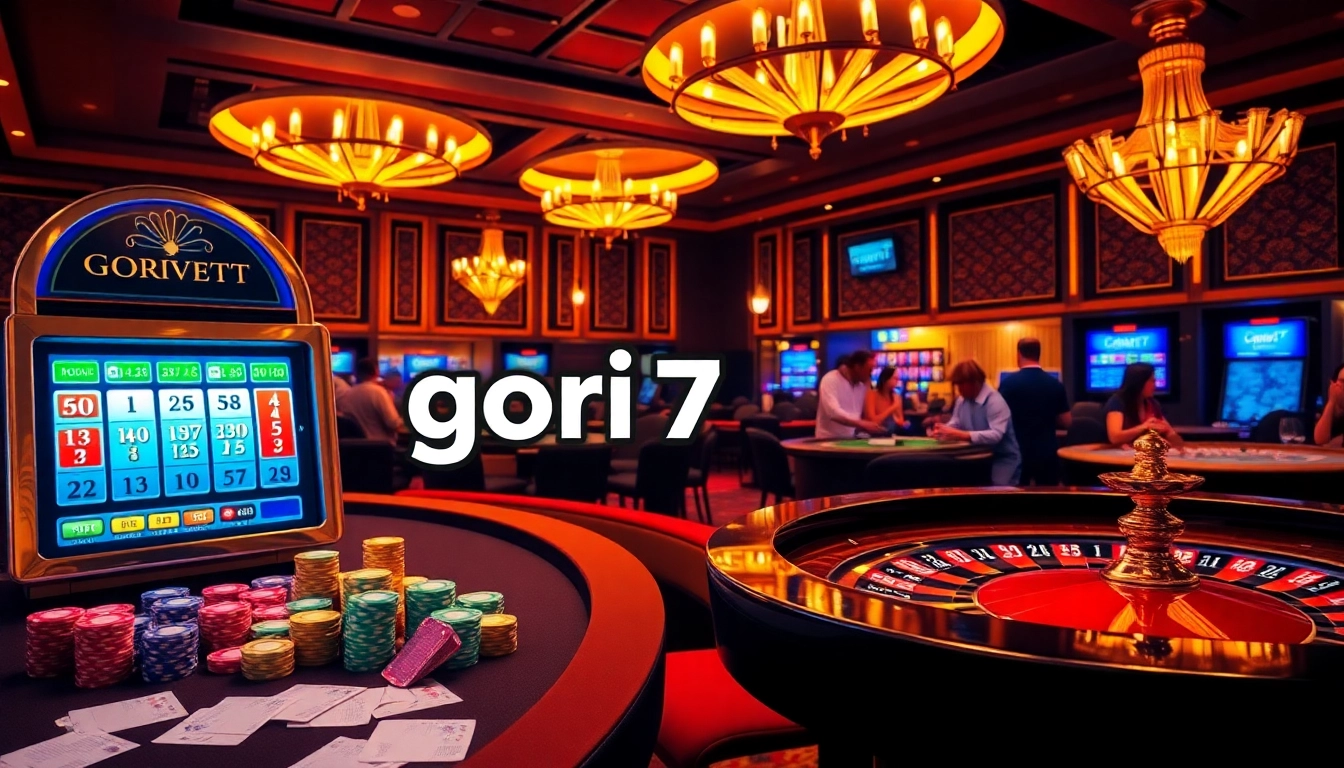 Exciting scene of gori77 slot machines and vibrant casino atmosphere with players and poker chips.