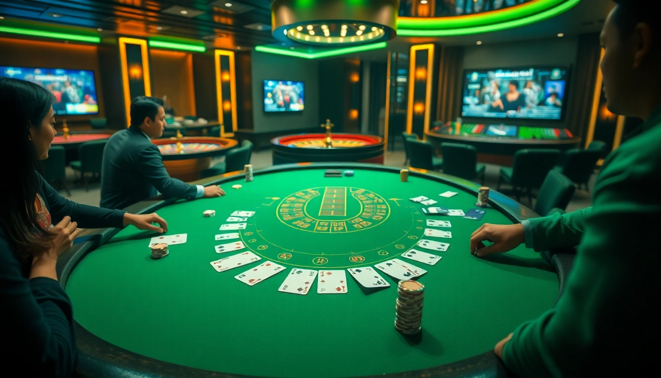 Experience the excitement of bem88 with players at a blackjack table, surrounded by luxury and thrill.