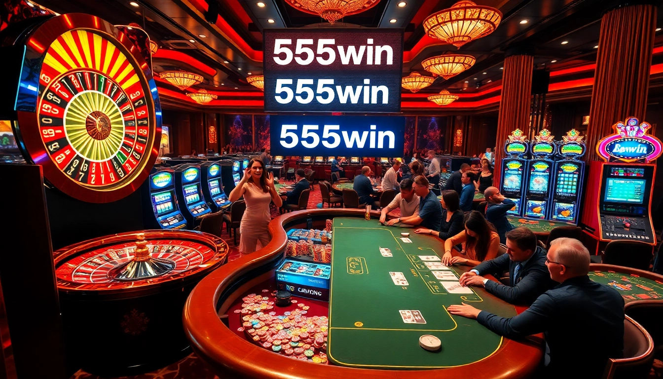Exciting gaming scene at 555win casino featuring roulette and poker tables.