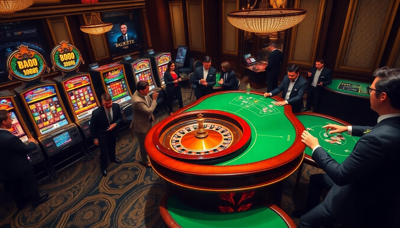 Excited players at a luxurious casino scene, engaging with games, including Boosterjp gaming elements.