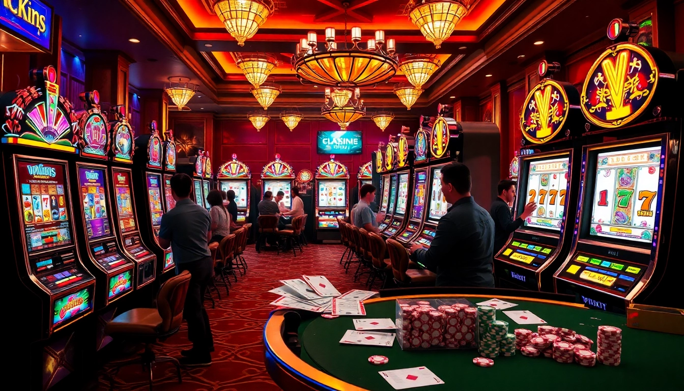 Players enjoying engaging slot online games amid a luxurious casino atmosphere, with vibrant machines.