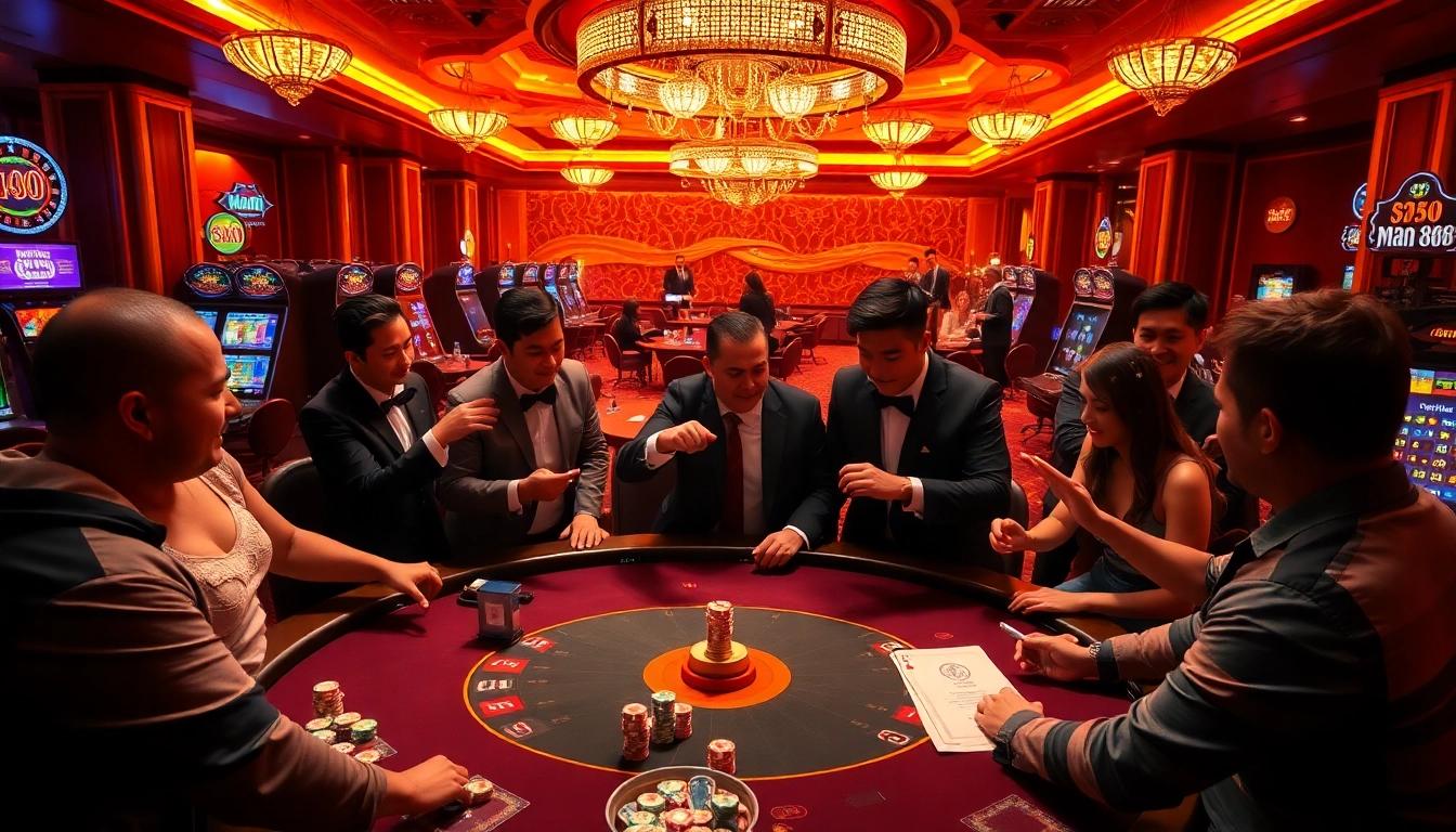 Players enjoying a strategic game experience at Man 88 casino, surrounded by vibrant poker chips and cards.