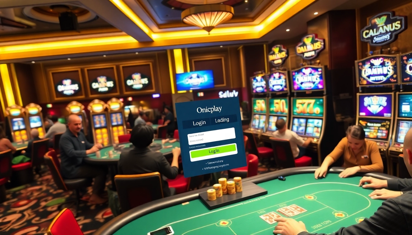 Experience the excitement of Onicplay login at a luxurious casino table with vibrant slot machines.