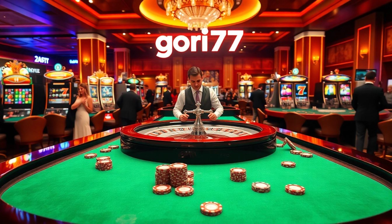 Play exciting games at gori77, a vibrant casino scene showcasing roulette and slot machines.