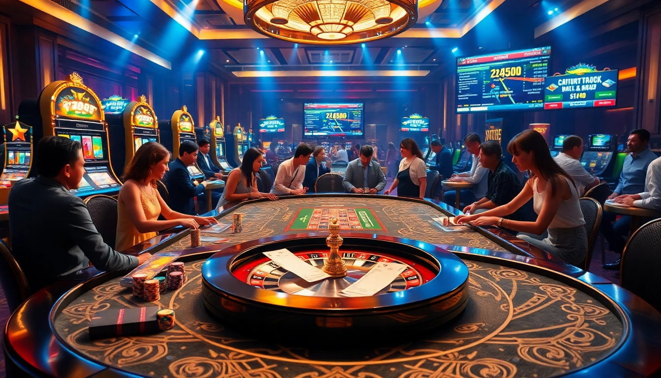 Experience the thrill of 789bet.events with players engaging in exciting table games and slot machines in a luxurious casino setting.