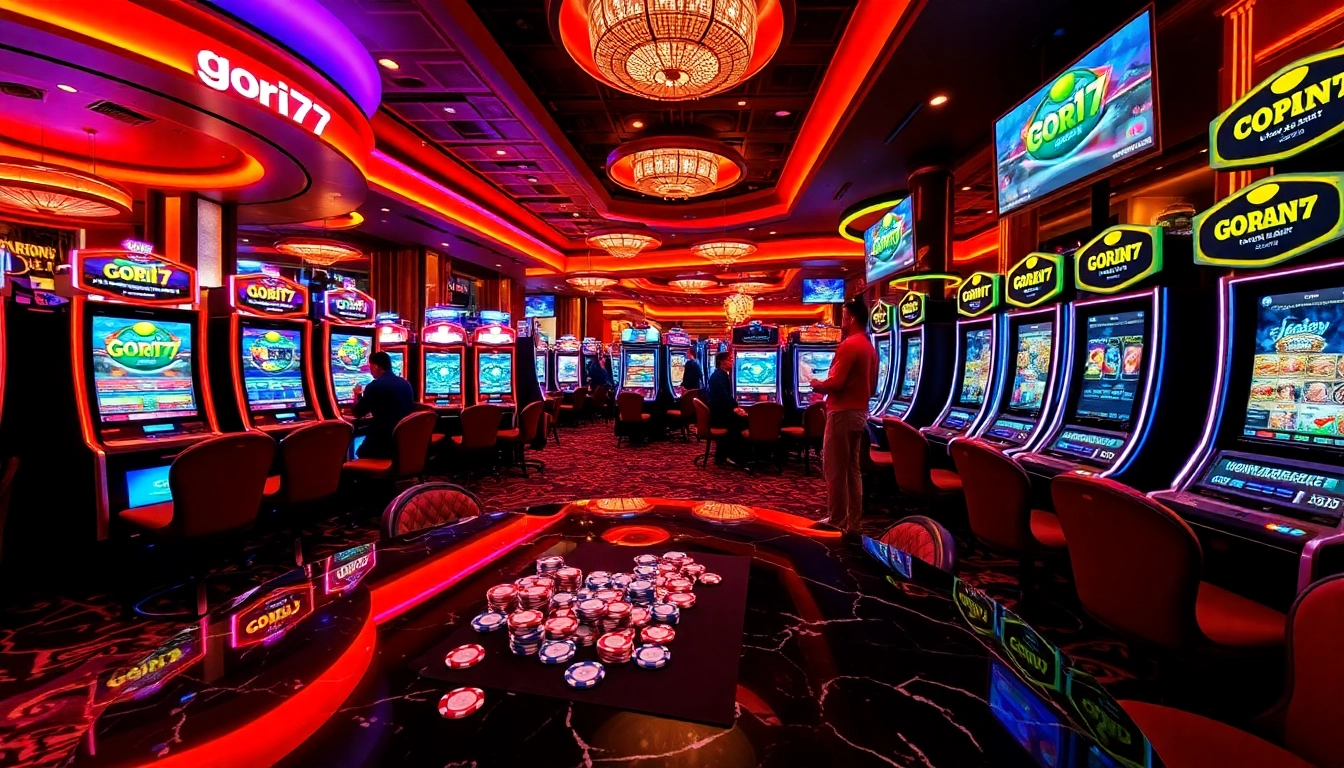 Players celebrating big wins at gori77-themed slot machines in a luxurious casino.