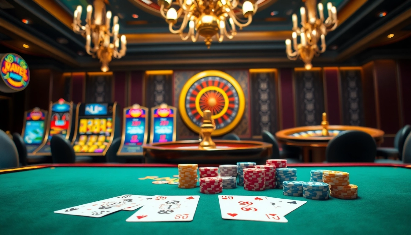 Exciting casino scene showcasing raja 88 themed poker table with chips and cards.
