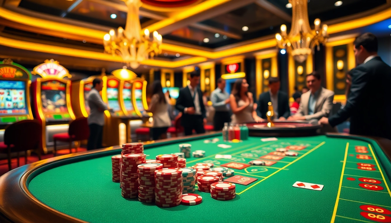 Engaging poker players at a glamorous rikvip casino table, filled with colorful chips and cards.