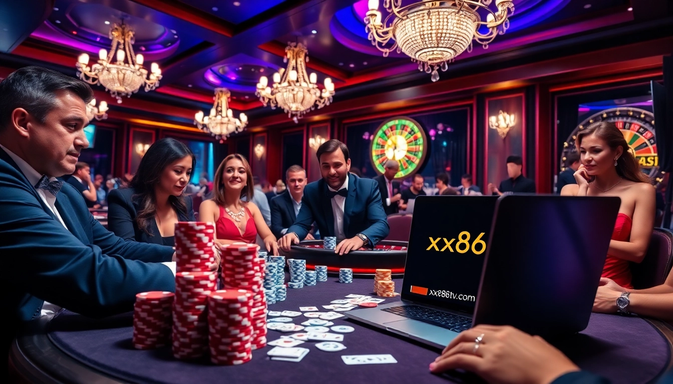 Players engaging in poker at a luxury casino while showcasing xx88tv.com on a laptop.