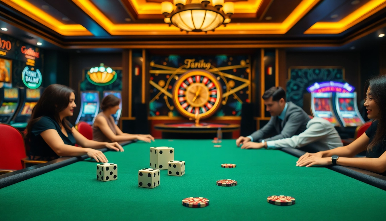 Engaging tài xỉu online gaming scene with a luxurious table and vibrant casino ambiance.