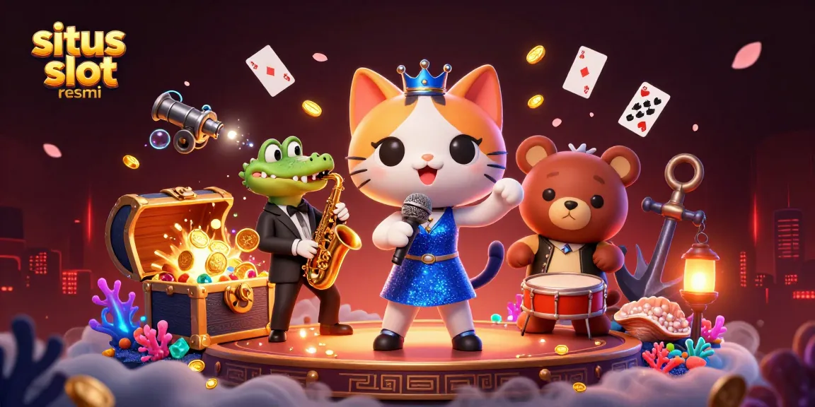 Menggambarkan dinamika situs slot resmi dengan karakter kartun, peti harta terpendam, dan elemen permainan yang kaya.