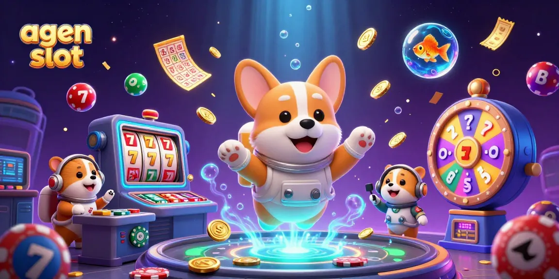 Menggali agen slot dalam ilustrasi kasino luar angkasa yang dinamis dengan karakter lucu dan elemen perjudian.